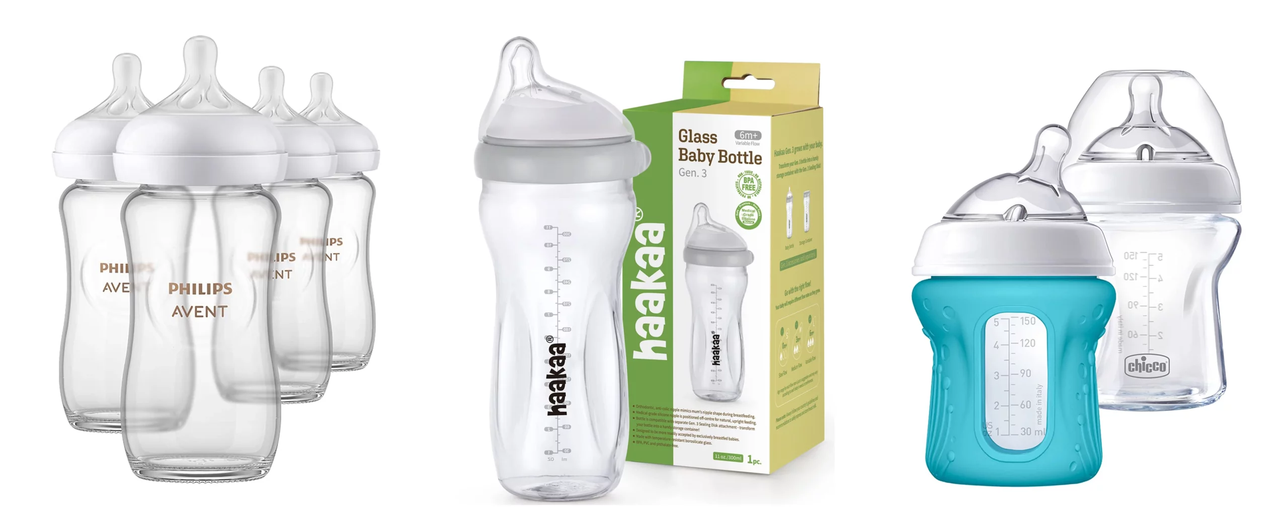 Três Mamandeira de vidro - da Philips Avent, Haakaa e Chicco - Just Real Moms